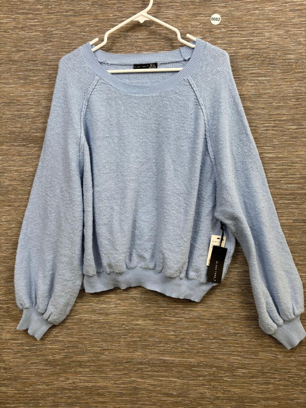 Black Tape Knit Sweater Womens Size XL Clear Blue Long Puff sleeves Pullover NEW
